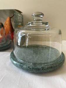 lot 347 image: Winsome Wood 8 Inch Marble Cheese Tray with Glass Dome