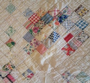 lot 82A image: Charming Antique Patchwork Quilt - White  Blue  Red