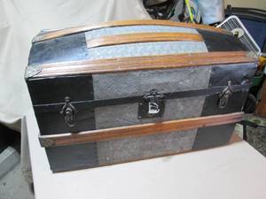 lot 55 image: Wood and Tin Storage Trunk with det...