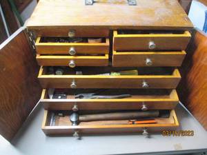 lot 107 image: Vintage Wooden 2-door tool chest wi...