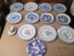 lot 143 image: Stack of White and Blue milk glass ...