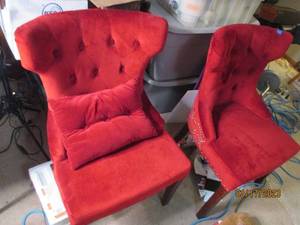 lot 163 image: 2 red plush chairs-in garage...