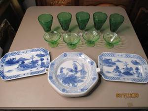 lot 169 image: Blue and white milk glass serving p...