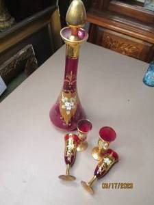 lot 184 image: Fancy red decanter set with cups...
