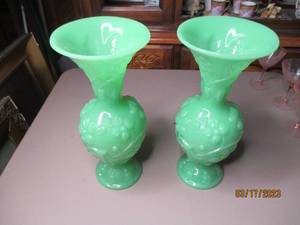 lot 186 image: Pair of tall 1840s Jadite Green Vases...