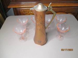 lot 187 image: Antique metal vase and pink glasswa...
