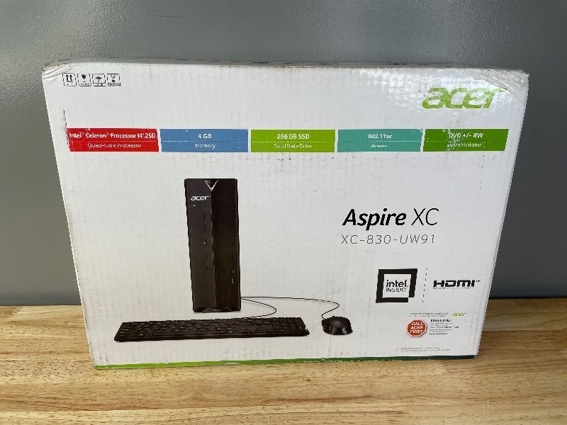Brand New Acer Aspire Desktop, Intel Celeron J4125 Quad-Core Processor (Up to 2.7GHz), Intel UHD Graphics 600, 4GB DDR4, 256GB NVMe M.2 SSD, Windows 10 Home, XC-830-UW91 Y