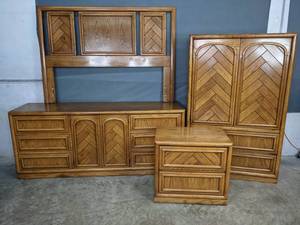 Vintage Dixie Wood Door Dresser, Panel Head Board, Armoire and Commode Nightstand S