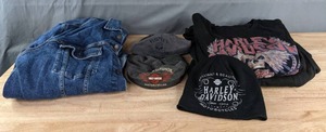 Mens Harley Davidson Beanie, Size L Ivy Caps, Top, Zip-Up Sweatshirt, Levi Strauss Size 3XLT Denim Jacket with Harley Davidson Patch C