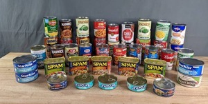 Assortment of Canned Goods SPAM, Starkist Tuna, Manwich Sloppy Joe Sauce, Bushs Best Beans, Campbells Tomato Soup, Hunts Pasta Sauce, Swanson Chicken Broth, Chef Boyardee, Essential Everyday Chili and More C