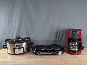 Silver and Black Crockpot, Farberware Two Plate Burner and Mr Coffee Coffee Pot   C