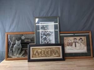 (4) Framed Wall Decor Items - La Cucina (Gregory L Gorham), Winter Morning Chickadees (Susan Bourdet), Snowman Trio, and Owl Etched Mirror S
