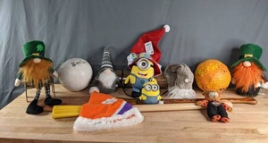 Assortment of Decorative Gnomes, Stuffed Animals, Sport Balls, Cork Yoga Mat and More C