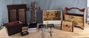 Jewelry Armoire, Religious Home Decor, Bibles, Magazine Rack, Small Chest, and More   C