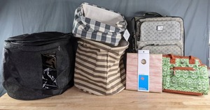 Collection of Collapsible Fabric Bins, Totes, Pioneer Woman Lunch Bag and Liz Claiborne Suitcase  C
