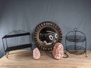 (2) Himalayan Salt Lamps, Decorative Mirror, Metal Tiered Fruit Basket, and Small Wicker Shelf Decor C