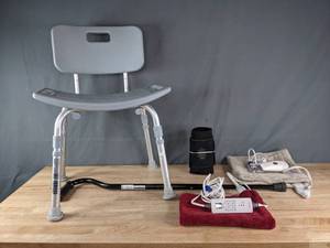 Drive Medical Bath Chair, (2) Electric Heating Pads, Tommie Copper XL Back Band, Guardian Offset Walking Cane C