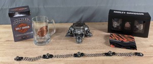 Harley Davidson & Other Collectibles Glass Mug, Stainless Steel Cups, Bottle Opener, Chain, Skull Ashtray and Bandanna  C