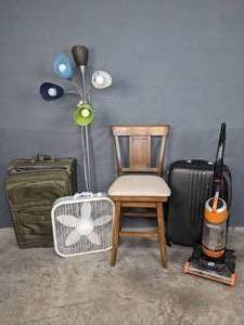 Collection of 6 Household Items Bissell Vacuum Cleaner, Box Fan, Floor Lamp, 2 Luggage Pieces, Wood High Back Chair C