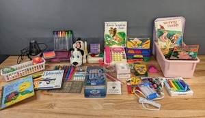 Assortment of Art Supplies, Vintage Books, Toys and Games Sharpie, Crayola, ArtSkils, Shelcore, Cubebot, Etc. Q