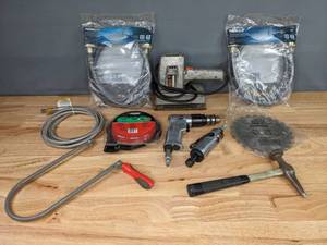 Lot of 10 Tools & Equipment Central Pneumatic, Skil Orbital Sander, 7 14 Carbide 24T Blade, Finishing Hammer, Fretsaw, Machine Hoses and More S