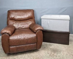 Leather Recliner and (2) Collapsible Storage Ottoman Bins S