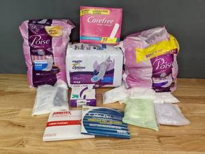 Assortment of Poise Pads, Ambitex Poly Disposable Gloves, Reusable Cold  Hot Gel Pack, Carefree Long Pantiliners, Etc. X