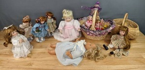 Collection of Dolls Delton Products Corp. Fine Collectables Janette, Josette and Jody, Yesterdays Child Cinnamon, Wicker Baskets and More X