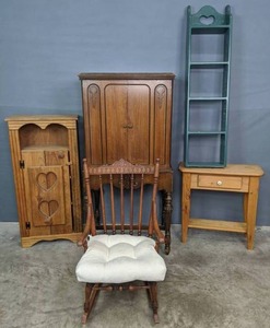 Assortment of Standing Wood Cabinet, Heart Cabinet, Green Shelf, Small Table and Rocking Chair X