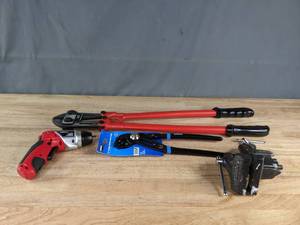 Hyper Tough Cordless Drill, Bench Vise, Hart Joint Pliers and Ace Bolt Cutters  K