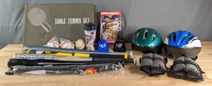 Sporting Goods Youth Baseball Bats, Baseballs, Mini Batting Helmets, Cycling Helmets, Table Tennis Set, Ankle Weights, Insulated Twins Cup, Kirby Puckett Book  K