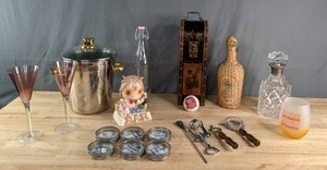 Assortment of Vintage Bar Accessories Decanters, Wine Box, Ice Bucket, and More K