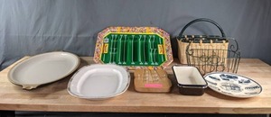 Collection of 8 Pieces of Servingware Vintage Edwin Knowles China, Franciscan Gourmet, Wood Carving Board, Football, Vintage Clear Lake, Etc. K
