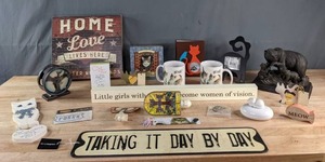 An Assortment of Cat Trinkets, Night Lights, Signs, and Bear with Cubs Figurine K