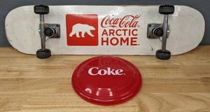 Vintage Coco Cola Arctic Home Skateboard and Coke Frisbee J