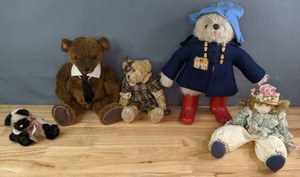Lot of 5 PlushStuffed Toys Boyds Cat, Paddington Bear, Little Folk Bear, Miss Elles Collection Bear, Soft Bodied Doll K