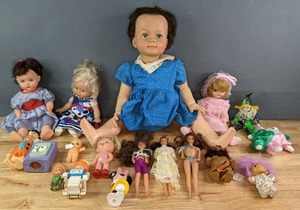 Collection of DollsToys  Fred Flintstone, Minnie Mouse, Troll Doll, Fashion Dolls, Clowns, Vintage Saucy Walker Doll, and More  K
