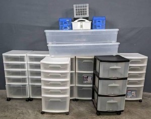 Assortment of Plastic Rolling Storage Drawers, Under Bed Storage Boxes with Lids, Storage Crate, Plastic Caddy, Etc. K
