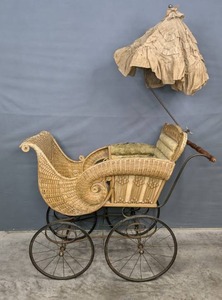 Antique Wicker Baby Buggy with Umbrella K