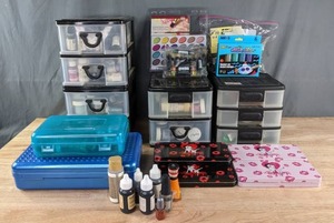 Assortment of Lumin Arte Pigments, Pearlescent Water Color Cakes, Amos Silky Metallic Crayons, Color Tool Box Stylus System Components, Fresh Flocking and More K