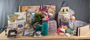 Assortment of Small Notebooks, Xyron Create-a-Sticker, Light Box, Artificial Flowers, Wood Box, Photo Album, Pasta Machine, Kinetic Sand, Elmers School Glue and More  K