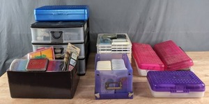 Assortment of Stamping Ink, Archival Ink, Color Box Ink Pads, Rubber Stamp Cleaning Pads, Distress Ink, Vivid Dye Ink Pads, Etc. K
