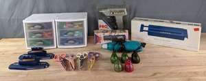 Assortment of Craft Lever Action Paper Punches, Hot Melt Glue Gun, Strip Cut Shredder, Embossing Heat Tool, Decorative Edge Scissors and More K