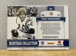 2012 Totally Certified Fran Tarkenton Heritage Collection Game Warn Jersey Numbered Card NFL Minnesota Vikings Football W