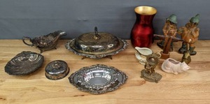Cherub Mantle Dcor, Ceramic Cat, Rabbit Figurine, Wooden Christ, Antique Nippon Creamer, Roman Art Company Robia Ware Figurines, Towle Silver Platter, Vintage Baroque by Wallace Shell Dish and More K