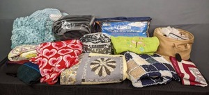 Assortment of Claritin Ultimate Allergan Barrier Pillow, Various Linens, Quilts, Blankets, Rugs, Etc. K