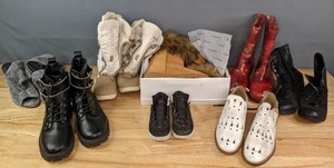 Assortment of 8 Pairs of Adult and Youth Boots Shoes Jordan High Tops, Bamboo, Rainboots, and MORE K