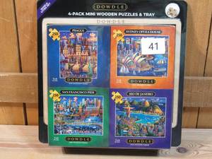 lot 41 image: DOWDLE 4-Pack Mini Wooden Puzzles & Tray  World Cities Set