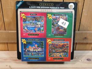 lot 43 image: DOWDLE 4-Pack Mini Wooden Puzzles & Tray  National Parks Set