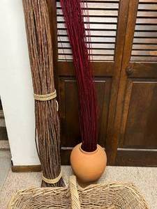 Large Basket with Handle, Clay Pot, Decor Sticks